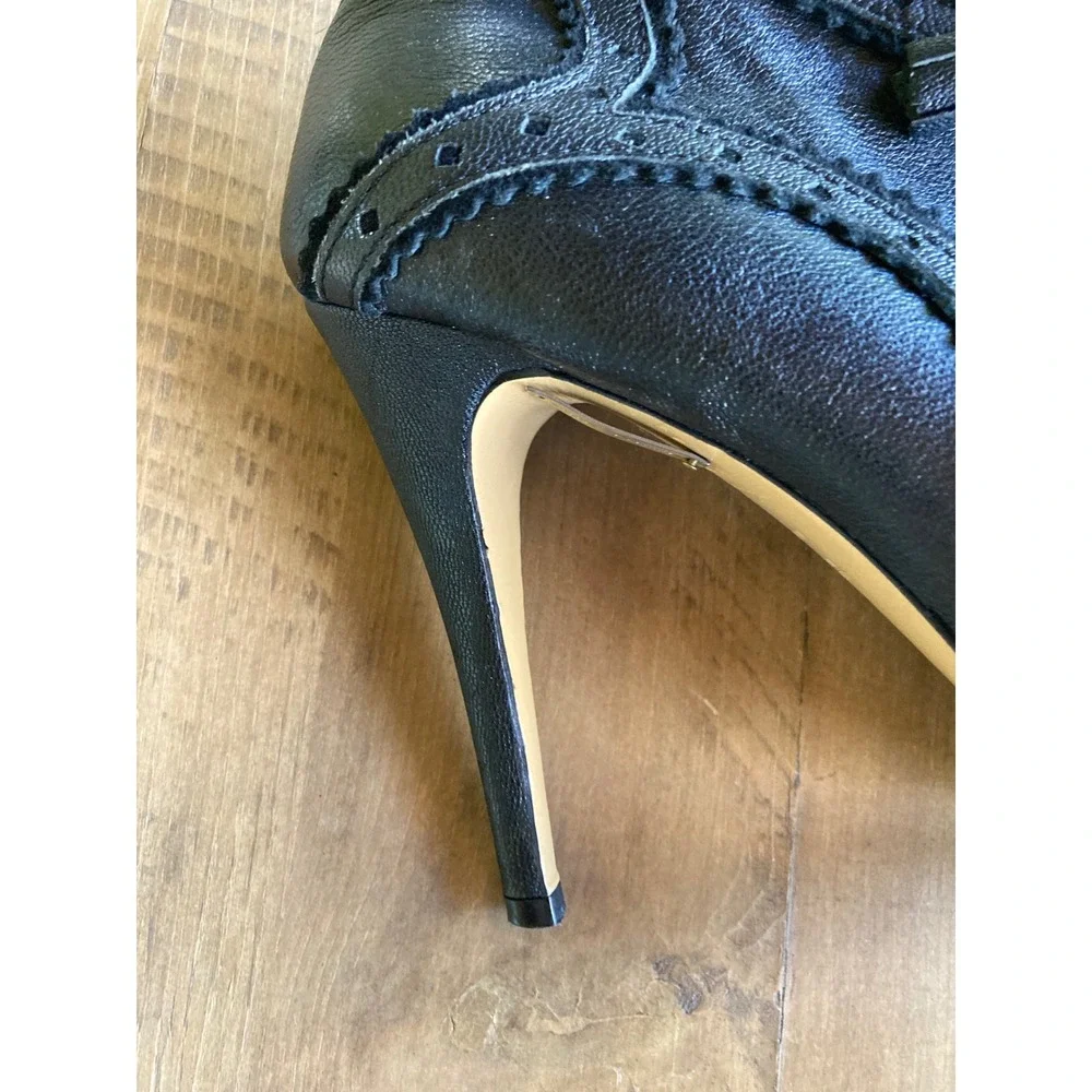 Suecomma Bonnie Black Leather Brogue Platform Peep Toe Tassel Heels 39.5